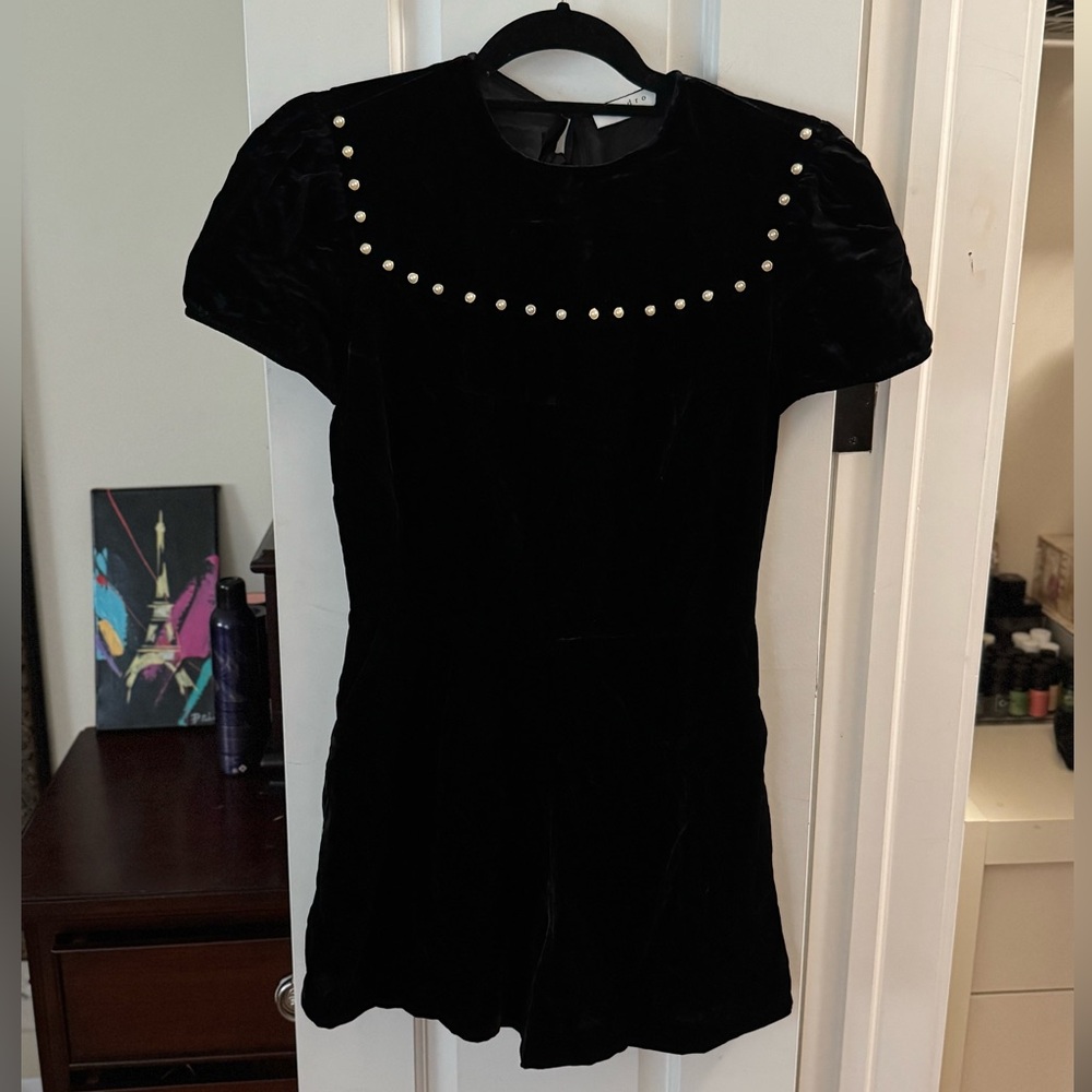 Sandro black velvet romper with pearl studs